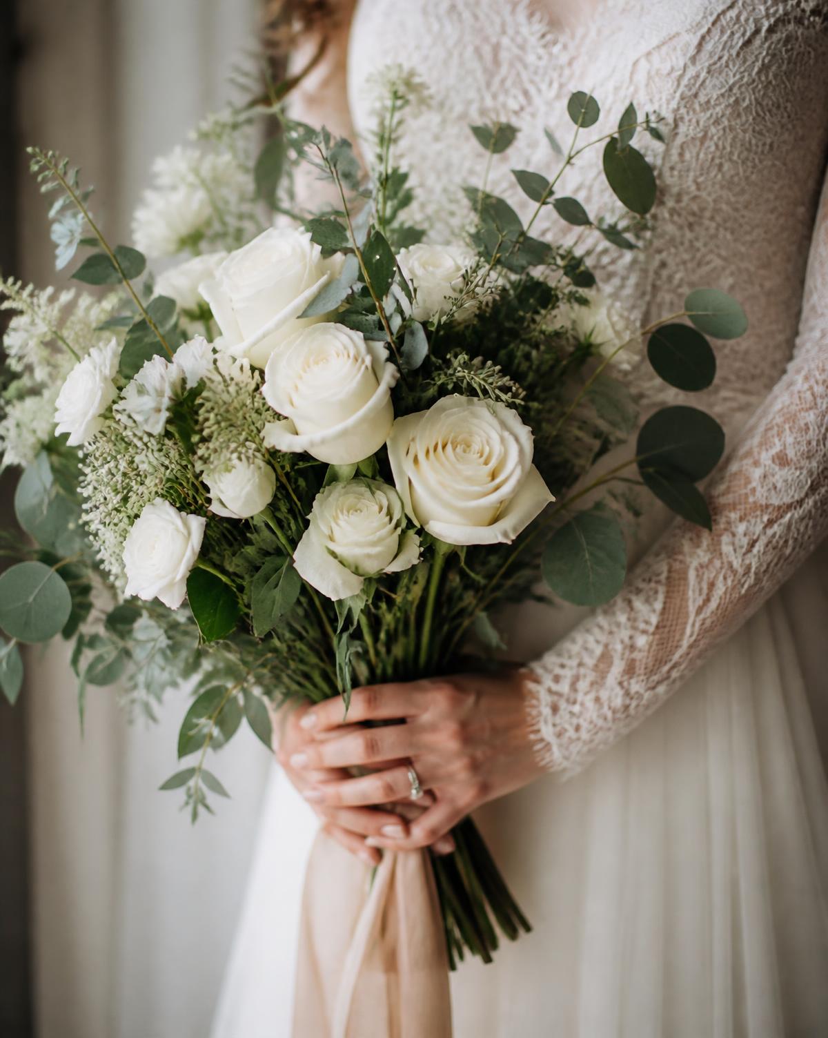Bride holding a garden bouquet of white roses and eucalyptus