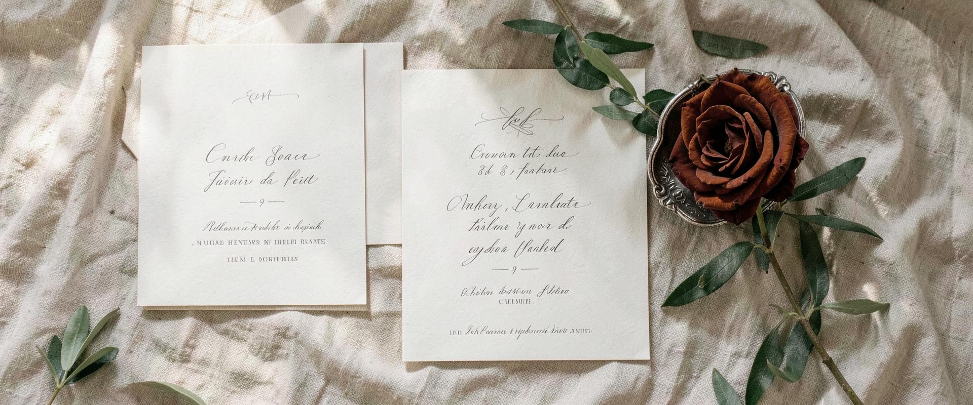 Heirloom wedding stationery arranged on natural linen